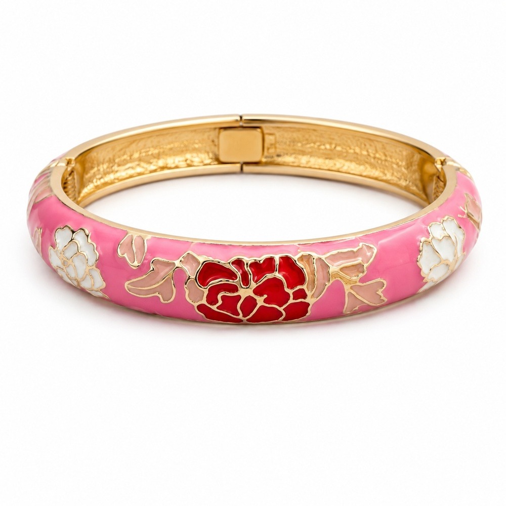 NEW Pink Floral Enamel Hinged Bangle Bracelet Gold Tone Cloisonné Style Size 7